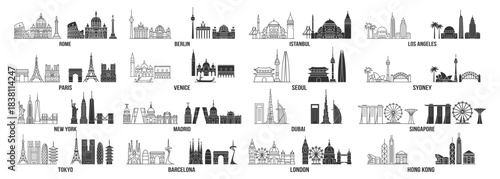 City skyline silhouette collection with global landmark icons on transparent background. Hongkong, Paris, Venice, Seoul, Sydney, Berlin, Barcelona, New York and more