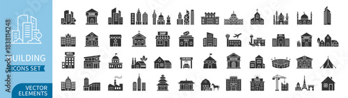 Building icon set, solid and line collection of house, office, bank, school, hotel, shop and hospital on transparent background