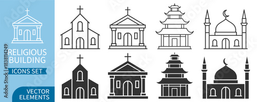 Religious architecture icon set, churches, mosques and temples in clean line style on transparent background