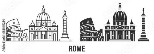Rome city skyline with Colosseum basilica dome and pillar landmark elements, clean outline travel vector design on transparent background
