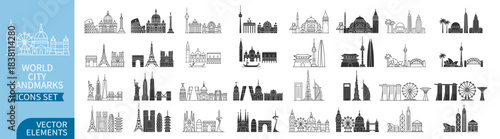 City skyline silhouette collection with global landmark icons on transparent background. Hongkong, Paris, Venice, Seoul, Sydney, Berlin, Barcelona, New York and more