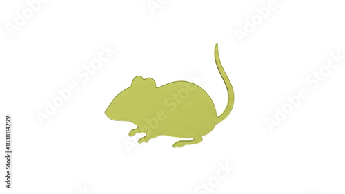 Isolated yellow-green silhouette of a rodent, a mouse or rat, with its tail curled up