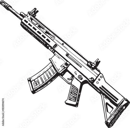 Modern assault rifle War Weapon Hand-drawn Sketch Drawing Vector Illustration, Line Linear Symbol Engraving Coloring Book, Black and White Isolated