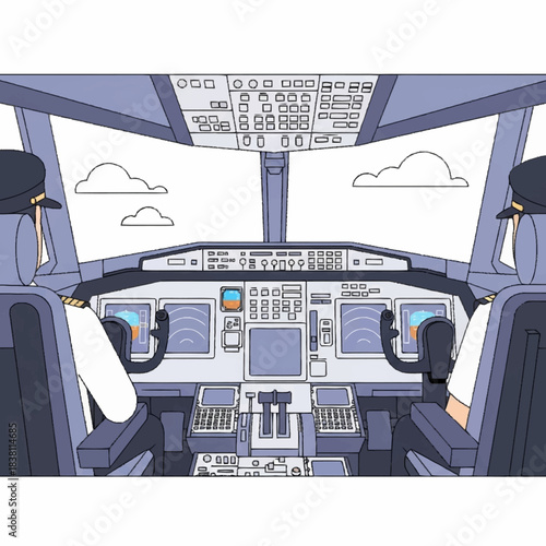 Two pilots in the cockpit of an airplane, looking out at the sky with clouds.