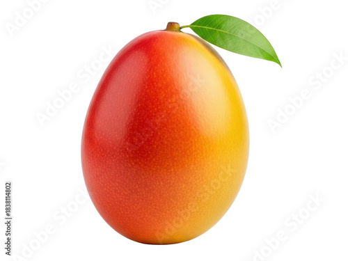 Isolated ripe mango fruit with green leaf, rich source of nutrients, fiber and vitamins