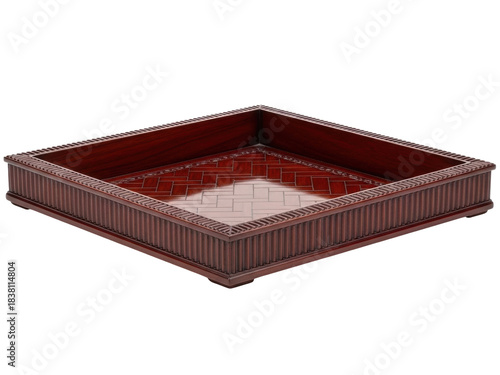 Isolated square wooden tray, lacquered and basket weave bottom, vintage, antique, home goods