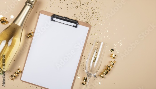 Elegant Festive Champagne Bottle and Glass with Clipboard for Celebration Theme. Ai Generated Images