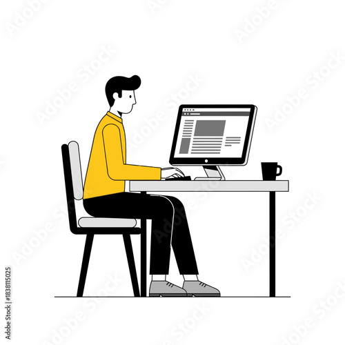 Concentrated individual working at computer in a modern workspace environment setup