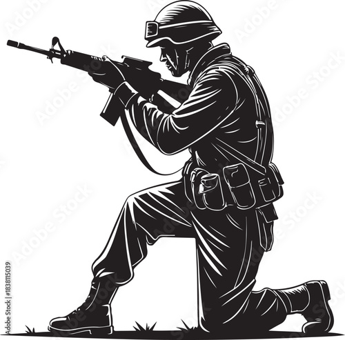 Soldier silhouette with rifle War, Military and Warfare Hand-drawn Sketch Drawing Vector Illustration, Line Linear Symbol Engraving Coloring Book, Black and White Isolated