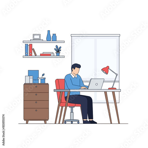 Illustration of a focused man working from home in a minimalist workspace setting
