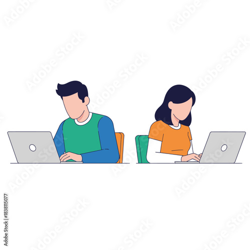 Individuals engaged in digital tasks utilizing laptop computers for work or learning project