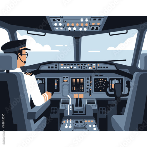 Pilot in uniform wearing headset and glasses, operating an aircraft cockpit with complex dashboard and controls.
