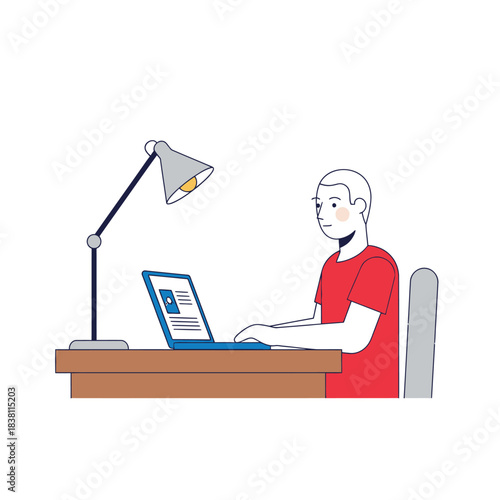 Focused individual working remotely at a desk with a laptop under a lamp illustration