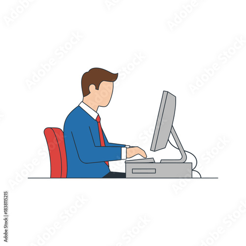 Illustrated office worker focused on tasks utilizing a computer for professional purposes
