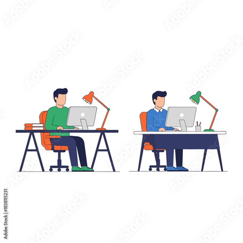 Parallel productive workspaces featuring focused individuals and collaborative energy sharing the