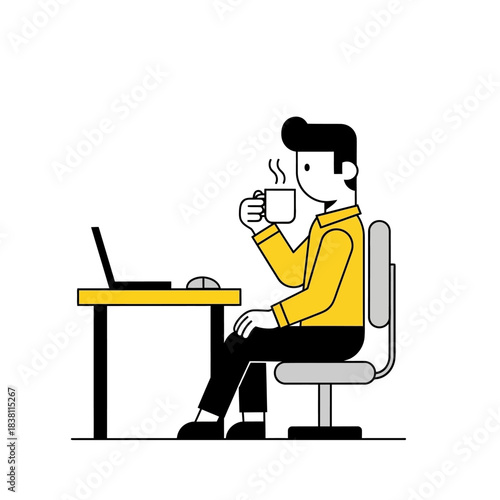 Stylized office worker enjoying coffee break during workday on minimal work setup