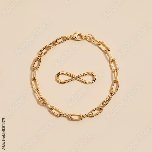Isolated 14k gold chain bracelet arranged in an infinity circle on a neutral background.