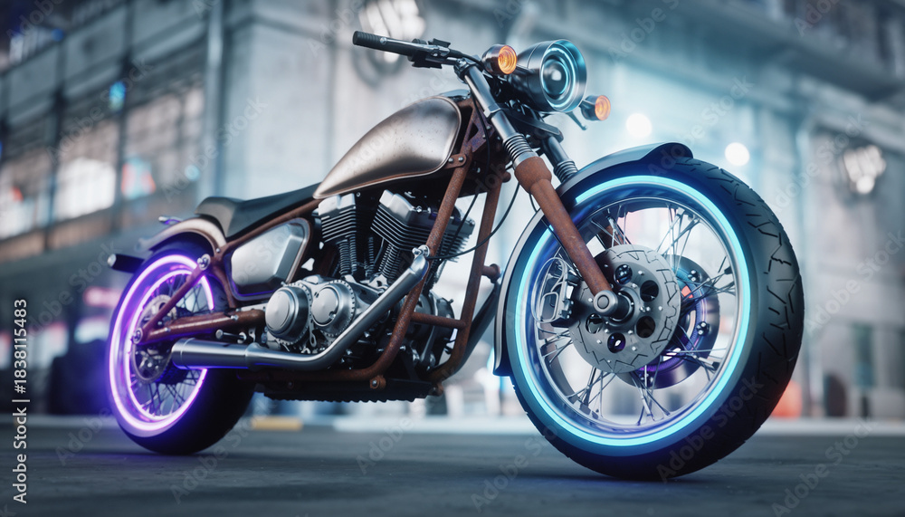 Obraz premium A custom cruiser motorcycle with neon blue and purple rim lights parked on a street at dusk