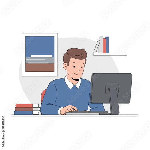 Concentrated individual working on a desktop computer in a brightly lit home office