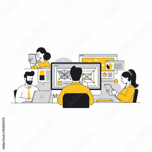 Teamwork on strategy development and creative design displayed on computer screens