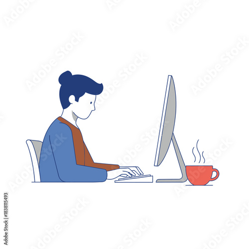 Minimalist illustration of focused individual working at desktop with coffee beside