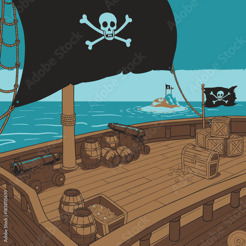 Pirate ship deck with cannons, treasure chest, barrels, and crates, sailing towards a small island with a pirate flag.