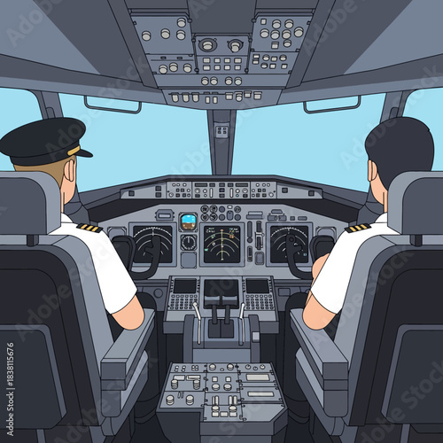 Two pilots in uniform are seated in an airplane cockpit, surrounded by numerous instruments and controls, with a clear blue sky visible through the front window.