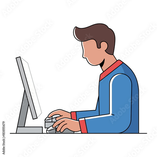 Illustration of person focused on desktop computer work, concept of digital workflow
