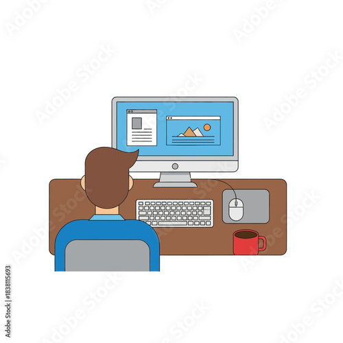 Illustration of a person working on a computer at a desk with a cup of coffee portraying