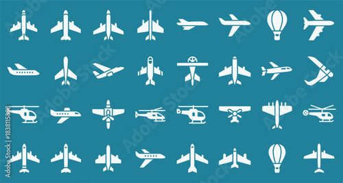 White Aircraft Icon Set on Blue, Includes Airplanes, Helicopters, Hot Air Balloons, and Gliders in Stylized Grid Layout