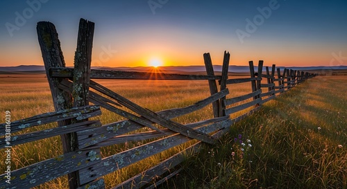 Sunset Over Rural Landscape with Wooden Fence in Foreground.