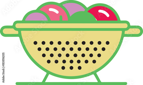 Colander vector illustration filled with colorful fresh produce for kitchen and healthy food preparation.