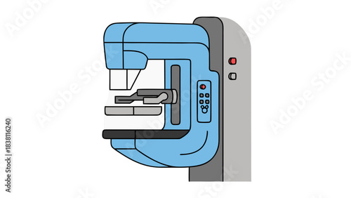 Medical Diagnostic Mammography Machine For Breast Cancer Screening In A Clinical Setting Showing A Light Blue And Gray Device With Control Panel And Indicators
