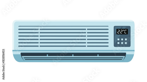 Modern white wall mounted air conditioner unit displaying 22 degrees Celsius temperature on digital screen with horizontal louvers and sleek control panel isolated on black background
