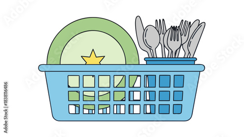Light Blue Dish Rack Holding Clean Plates Cutlery and Utensils with Green and White Details Minimalist Illustration Style with Simple Shapes and Colors