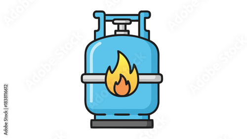 Light Blue Propane Gas Cylinder With Orange Flame Symbol On Black Background Simple Flat Icon