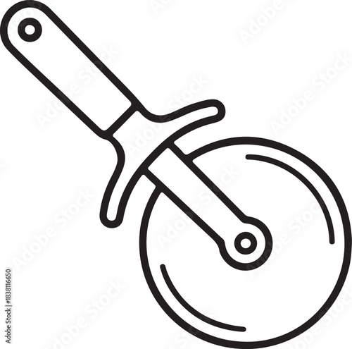 Pizza cutter vector utensil with a sharp circular blade and ergonomic handle for slicing food.