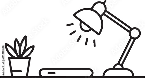 Workspace vector illustration showing an illuminated desk lamp, a plant, and a device on a table