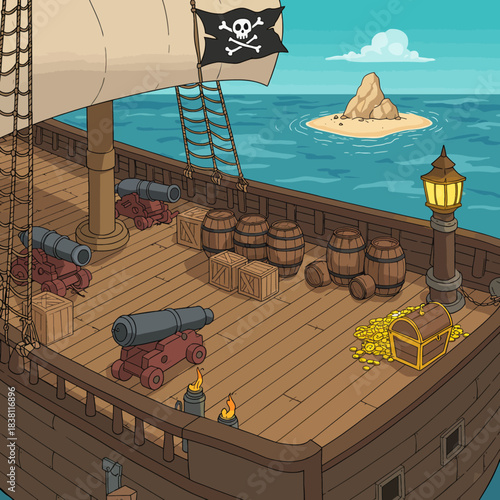 A pirate ship deck with cannons, barrels, a treasure chest, and a small island in the background.