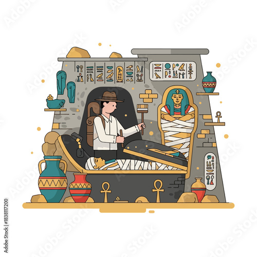 An archaeologist carefully excavates an ancient Egyptian sarcophagus containing a mummy within a tomb.