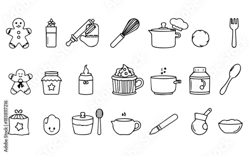 Vector icon set of kitchen cooking utensils including pan, pot, cup, spoon, fork, knife, and tea or coffee symbols for restaurant and food illustration
