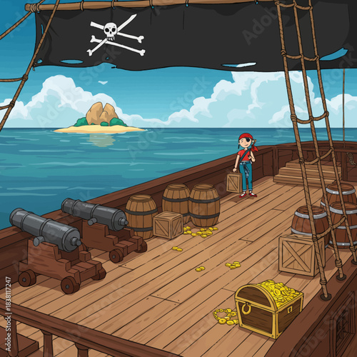 A cartoon pirate ship deck with cannons, treasure, and a young pirate sailing towards a distant island on a sunny day.