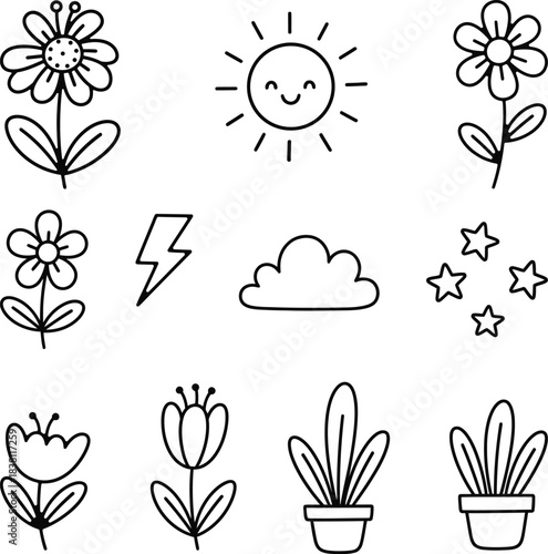 Playful collection of hand-drawn nature and weather doodles, perfect for children's designs, whimsical crafts, and fun educational materials with a cute aesthetic