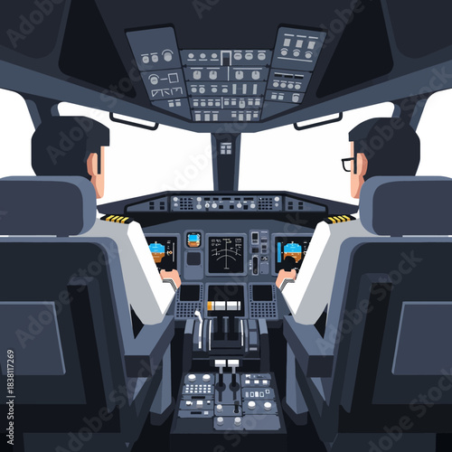 Two pilots in uniform sitting in the cockpit of an airplane, looking at the control panel and instruments.