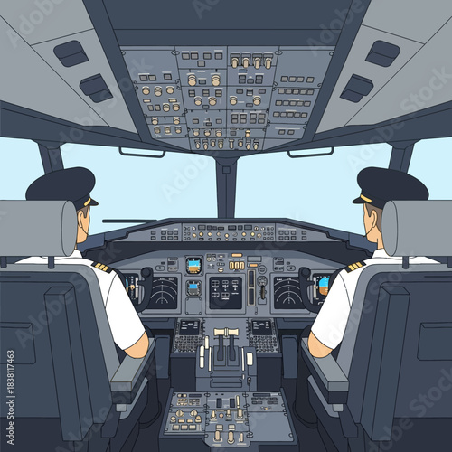 Two pilots in uniform sit in the cockpit of an airplane, facing the complex control panel and windows.