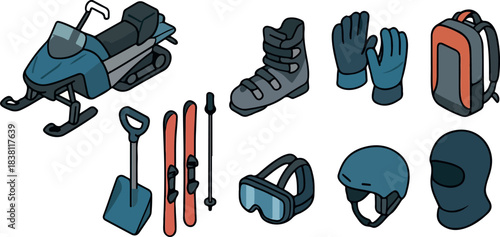 set of themed icons on the theme of skiing in pastel colors in isometric style with various balls and clothes, for thematic designs on the theme of sports