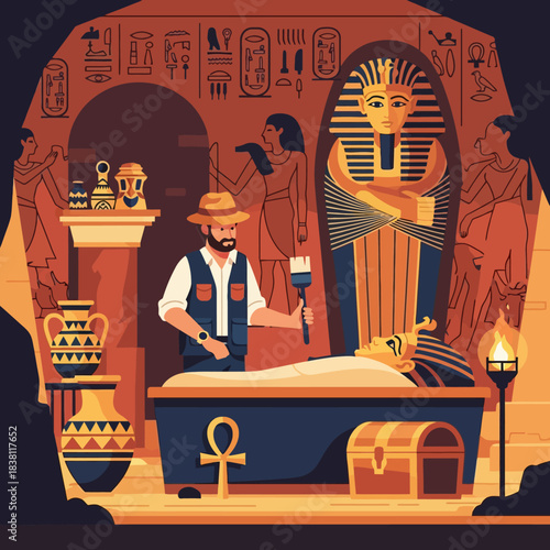 An archaeologist carefully brushes a pharaoh's mummy in an ancient Egyptian tomb filled with hieroglyphs and artifacts.
