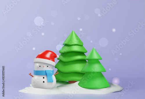 Winter Wonderland cute 3D snowman and green Christmas trees. Festive holiday greeting card illustration on purple background