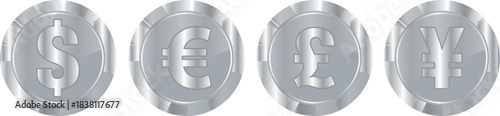 silver currency icons.epset of coins with symbols denoting different world currencies with a silver gradient, for slots in gambling games, banks or thematic designs