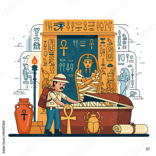An adventurous explorer discovers an ancient Egyptian mummy in a tomb filled with hieroglyphs and artifacts.